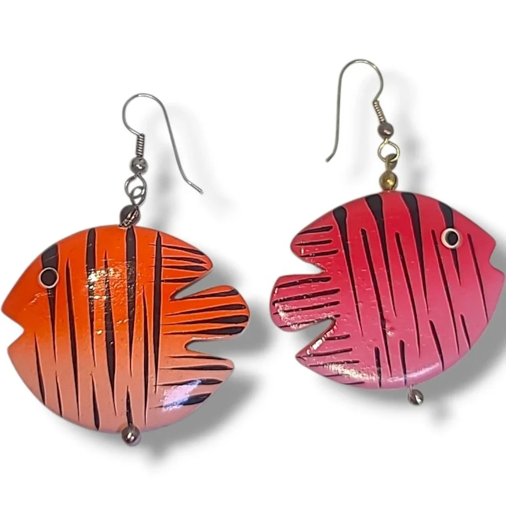 Vintage Colorful Wooden Fish Dangle Earrings Hand‎ Painted Tropical Boho